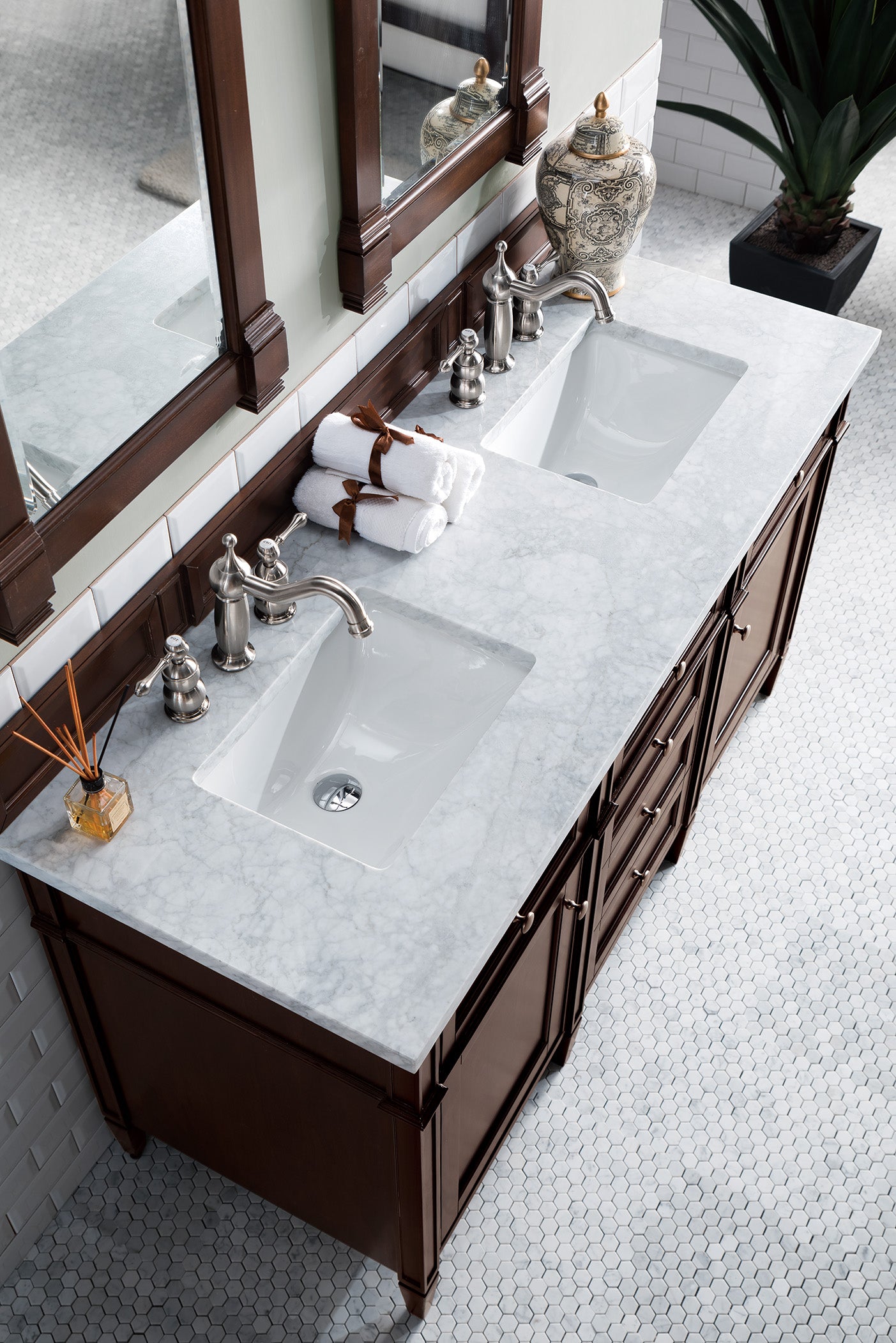 Brittany 60" Double Vanity, Burnished Mahogany w/ 3 CM Carrara Marble Top