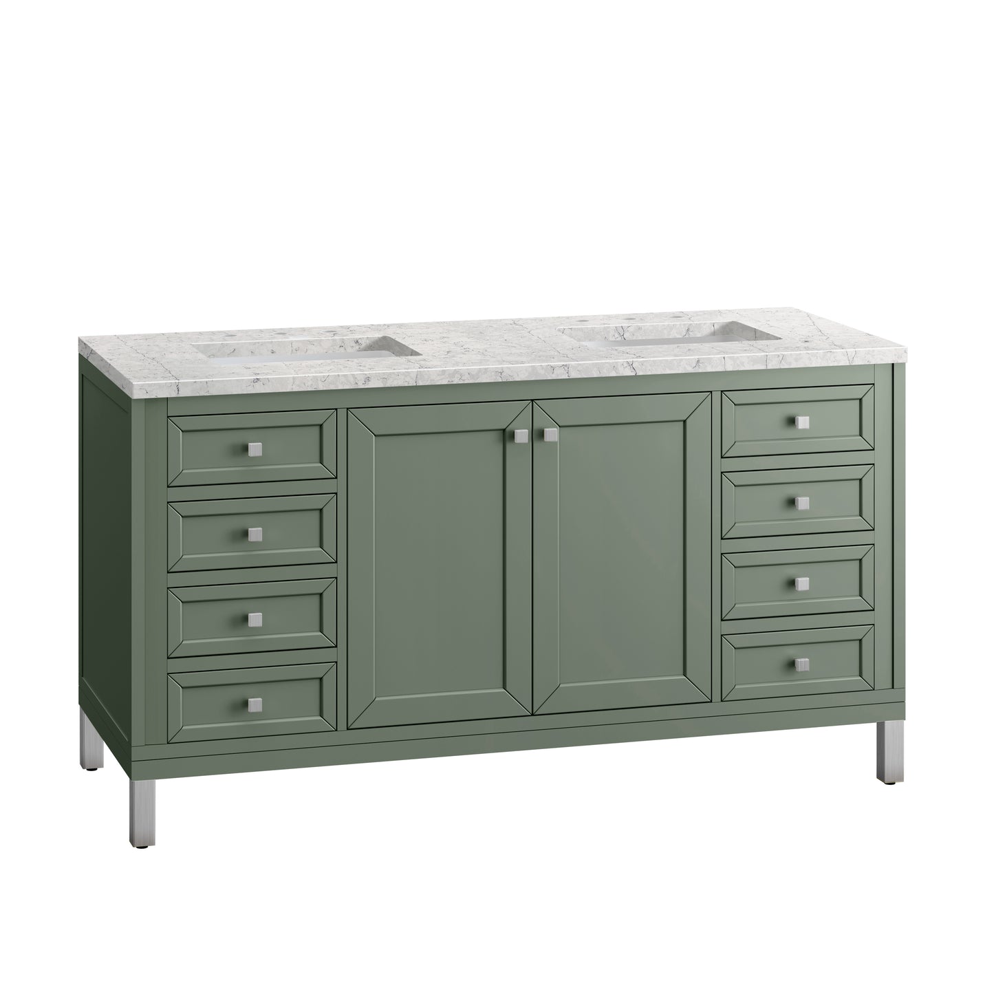 Chicago 60" Double Vanity, Smokey Celadon w/ 3 CM Eternal Jasmine Pearl Top