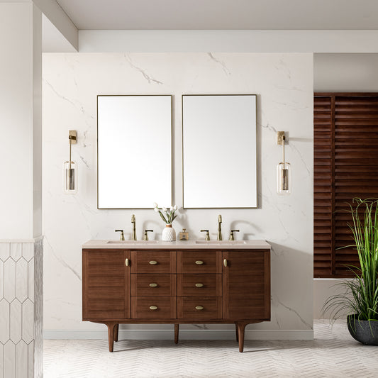 Amberly 60" Double Vanity, Mid-Century Walnut w/ 3 CM Eternal Marfil Top