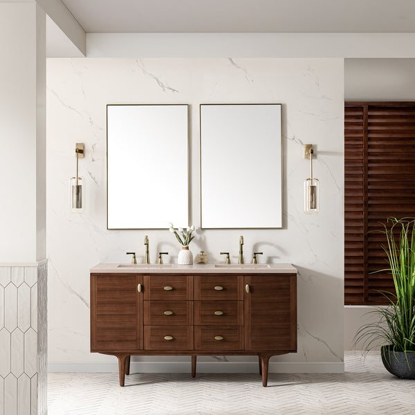 Amberly 60 Double Vanity, Mid-Century Walnut w/ 3 CM Eternal Marfil Top