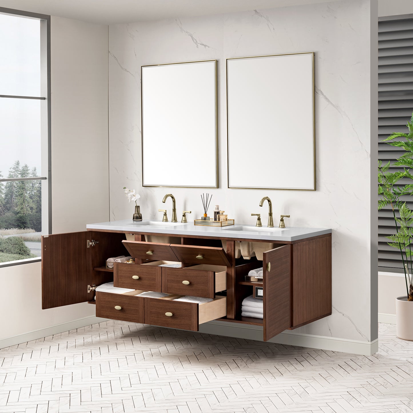 Amberly 72" Double Vanity, Mid-Century Walnut w/ 3 CM White Zeus Top