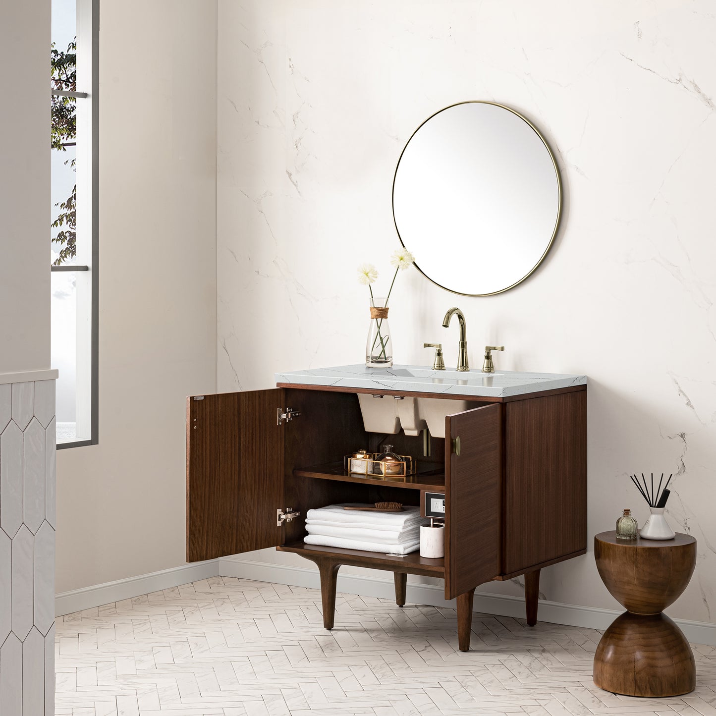 Amberly 36" Single Vanity, Mid-Century Walnut w/ 3 CM Ethereal Noctis Top