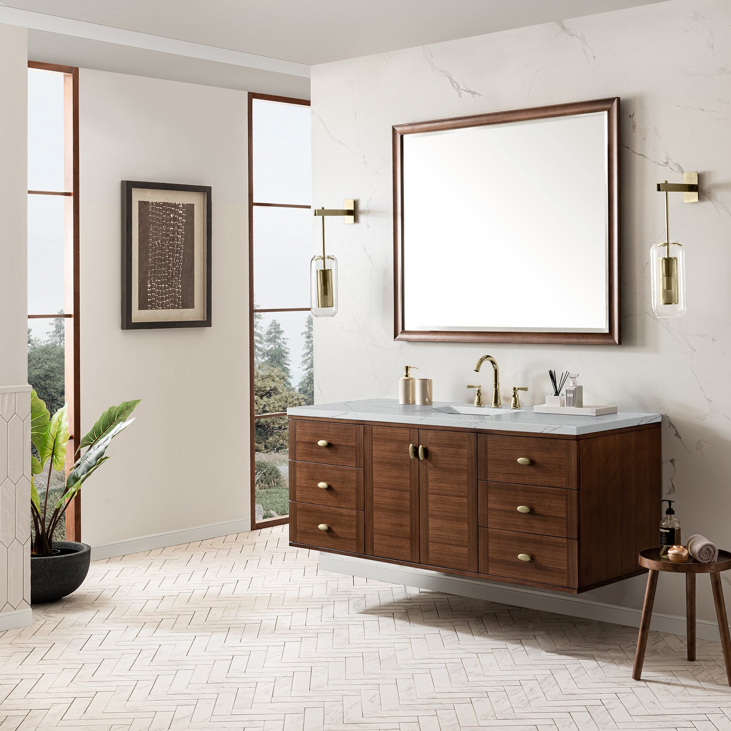 Amberly 60" Single Vanity, Mid-Century Walnut w/ 3 CM Ethereal Noctis Top