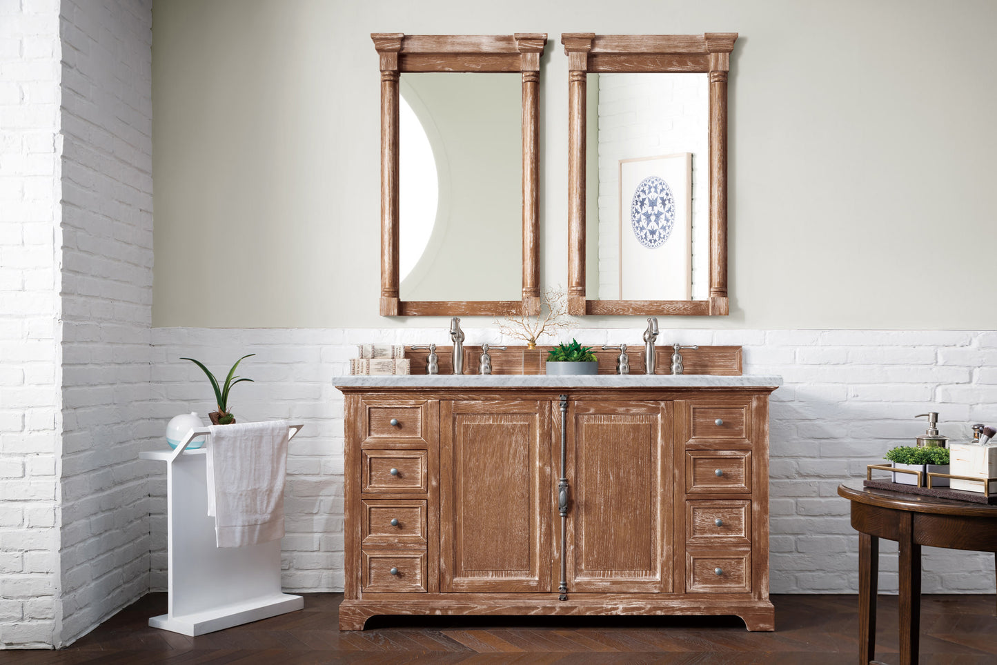 Providence 60" Double Vanity, Driftwood w/ 3 CM Carrara Marble Top