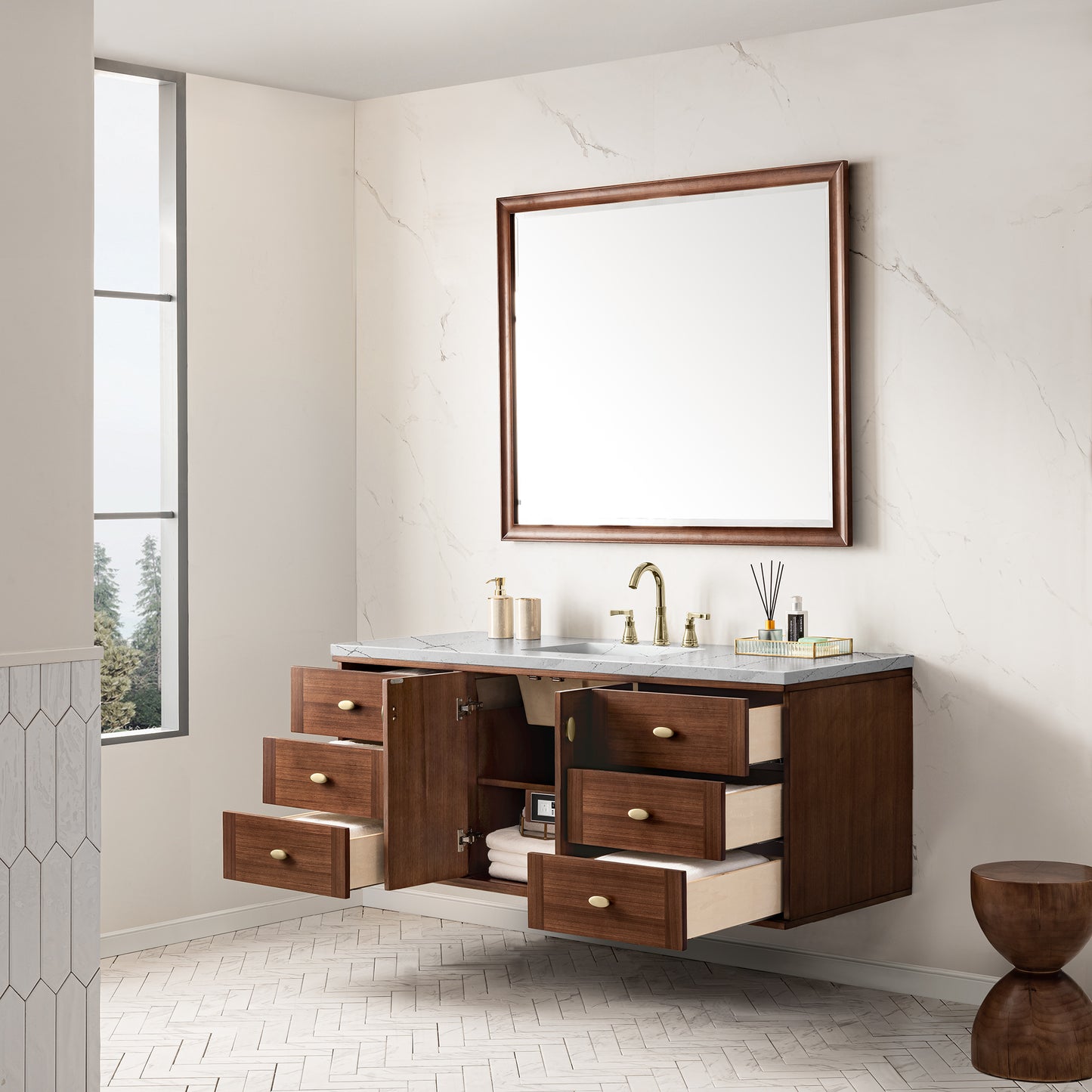 Amberly 60" Single Vanity, Mid-Century Walnut w/ 3 CM Ethereal Noctis Top