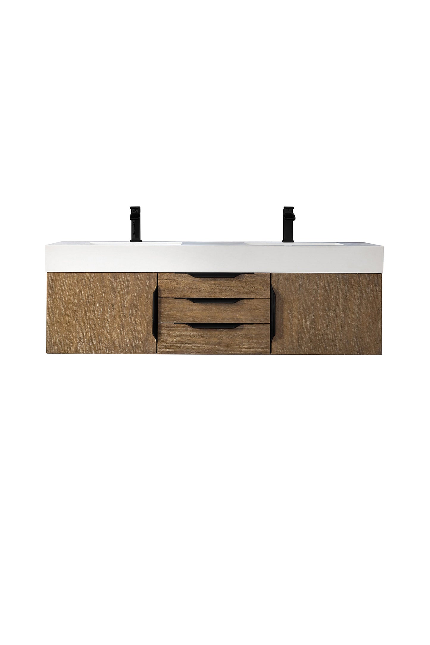 Mercer Island 59" Double Vanity, Latte Oak, Matte Black w/ Glossy White Composite Stone Top