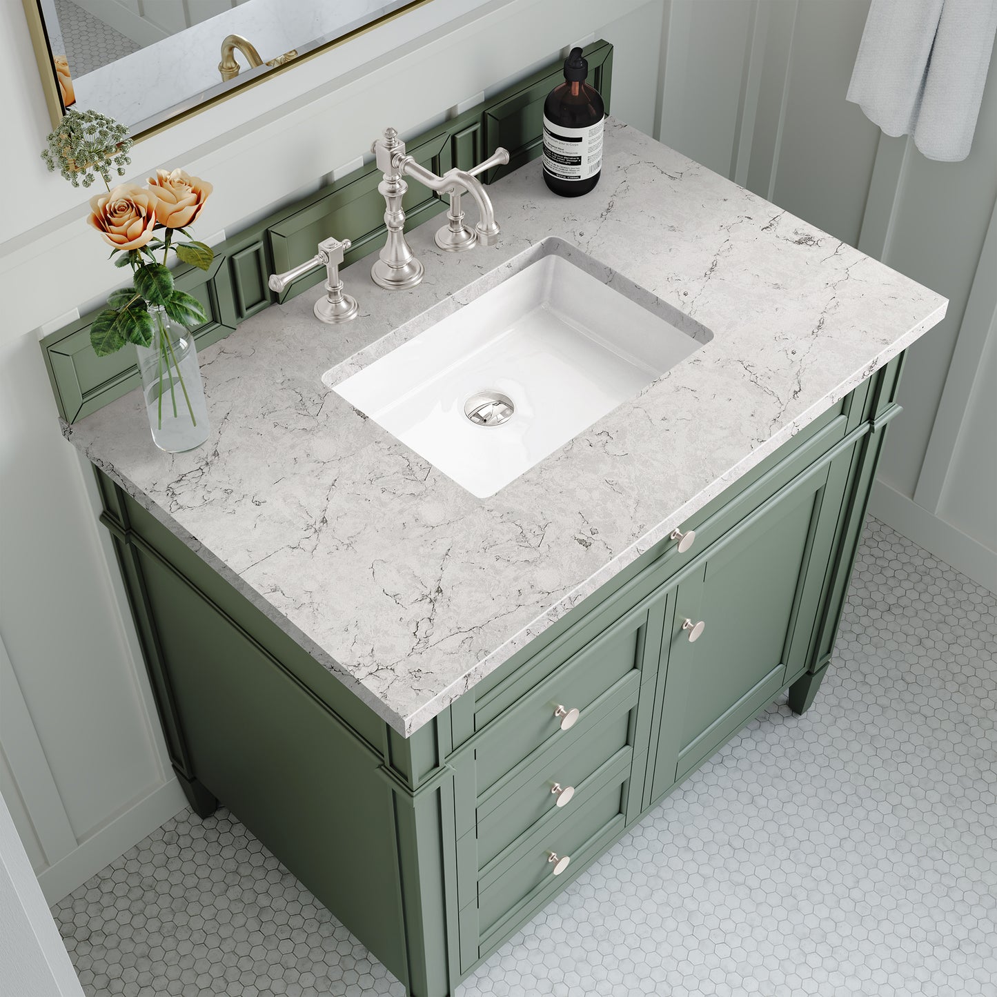 Brittany 36" Single Vanity, Smokey Celadon w/ 3 CM Eternal Jasmine Pearl Top