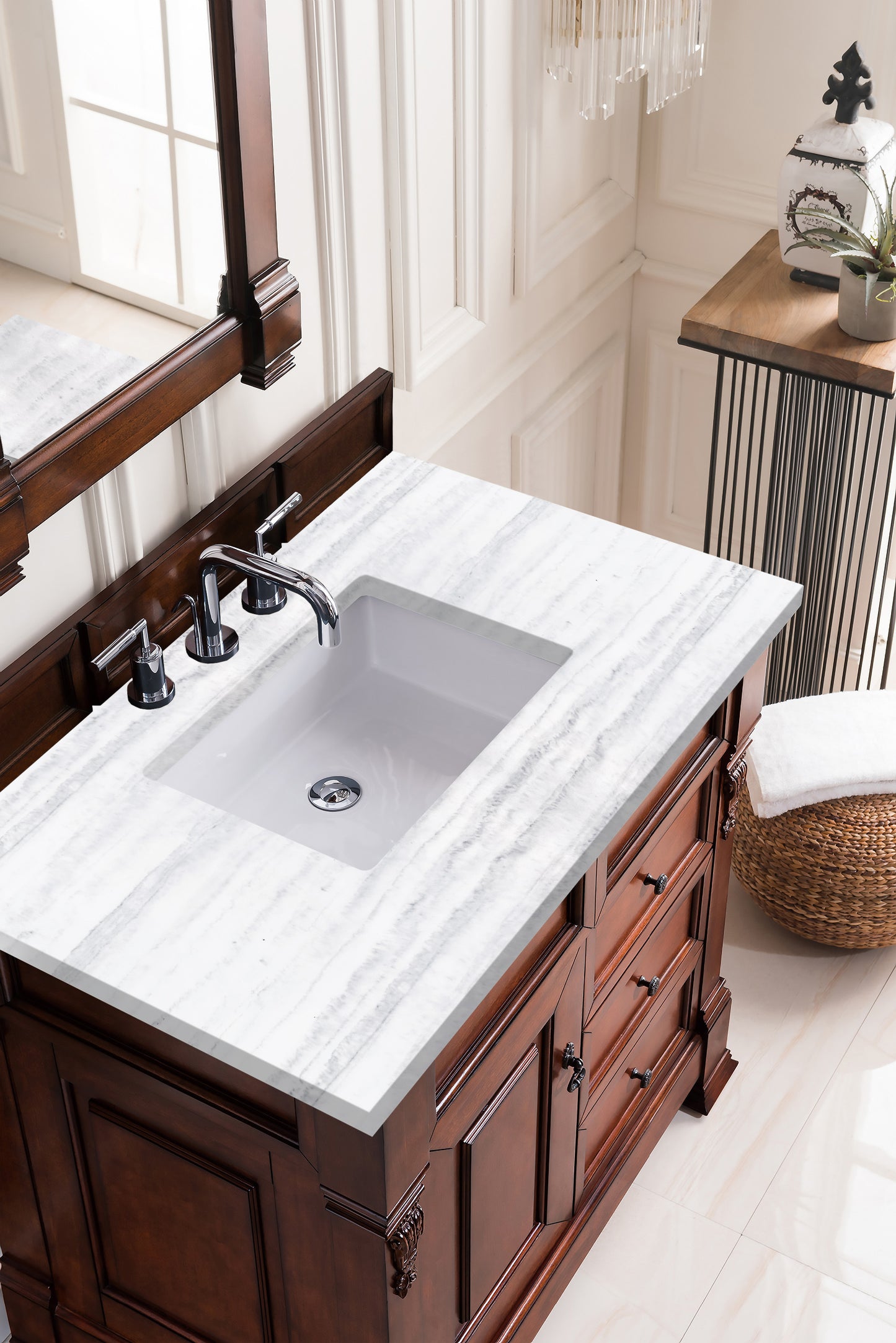 Brookfield 36" Single Vanity, Warm Cherry w/ 3 CM Arctic Fall Solid Surface Top