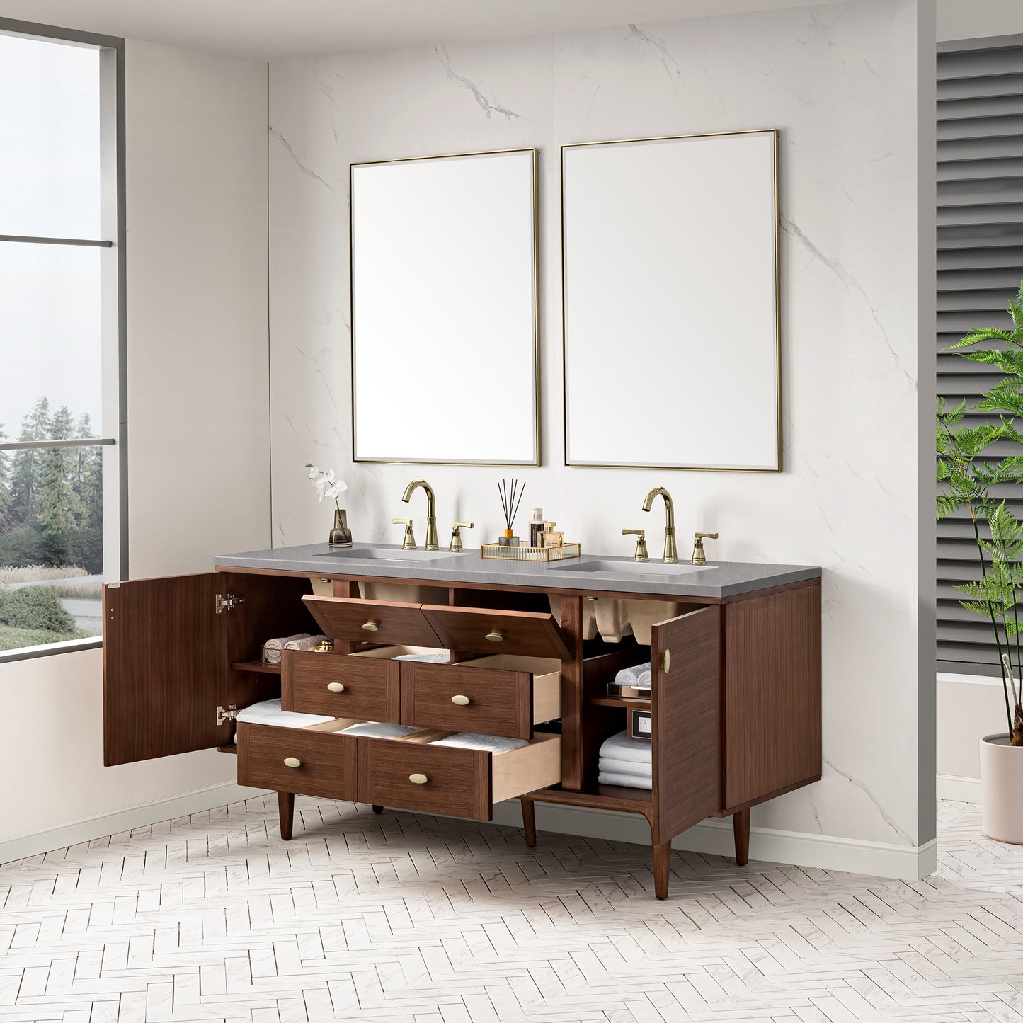 Amberly 72" Double Vanity, Mid-Century Walnut w/ 3 CM Eternal Serena Top