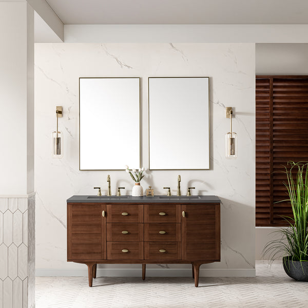 Amberly 60 Double Vanity, Mid-Century Walnut w/ 3 CM Grey Expo Top