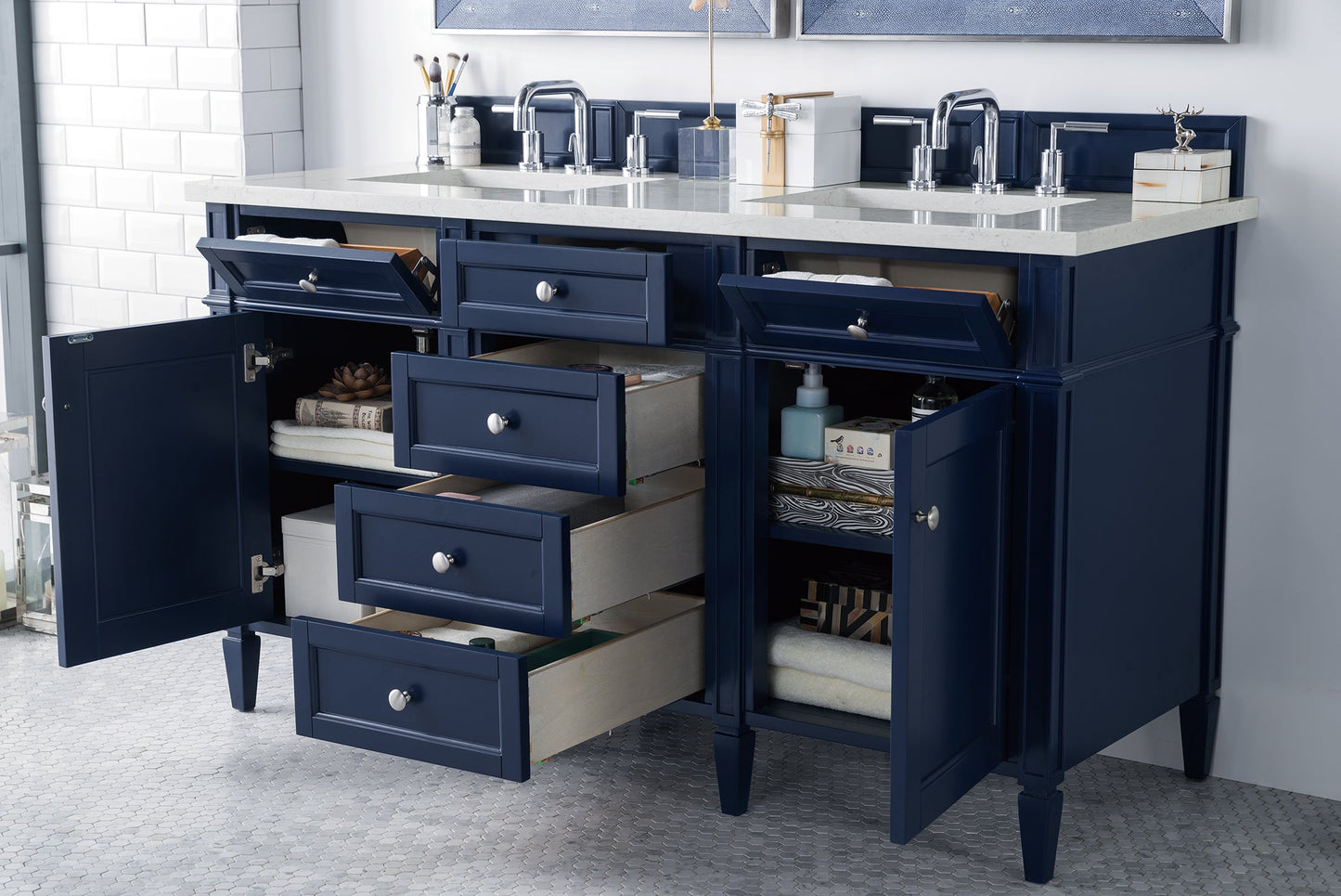 Brittany 60" Double Vanity, Victory Blue w/ 3 CM Eternal Jasmine Pearl Quartz Top