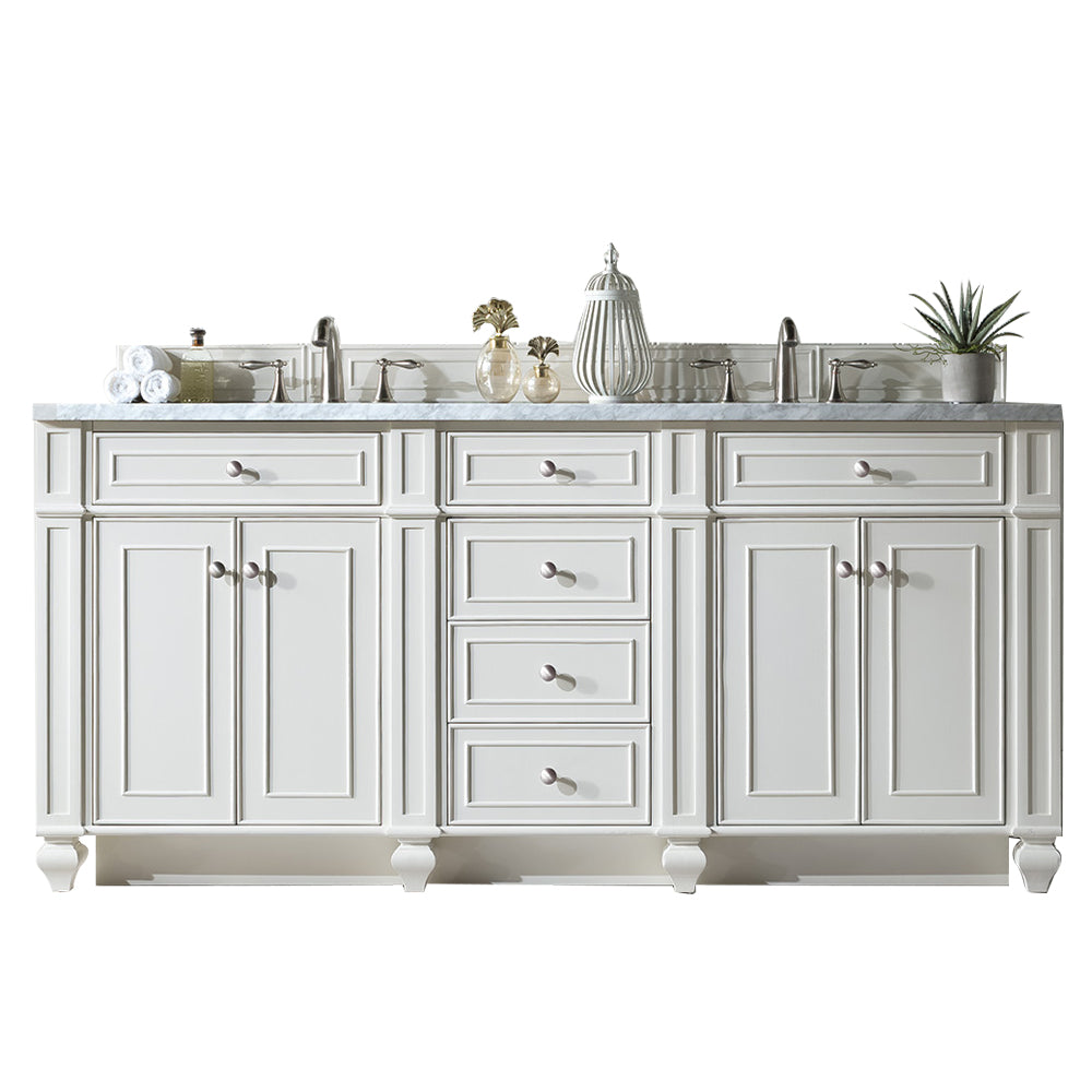 Bristol 72" Double Vanity, Bright White w/ 3 CM Carrara Marble Top