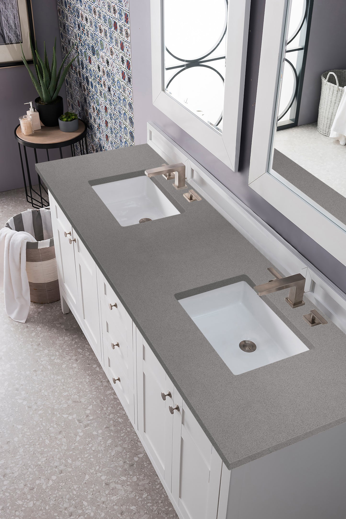 Palisades 72" Double Vanity, Bright White w/ 3 CM Grey Expo Quartz Top