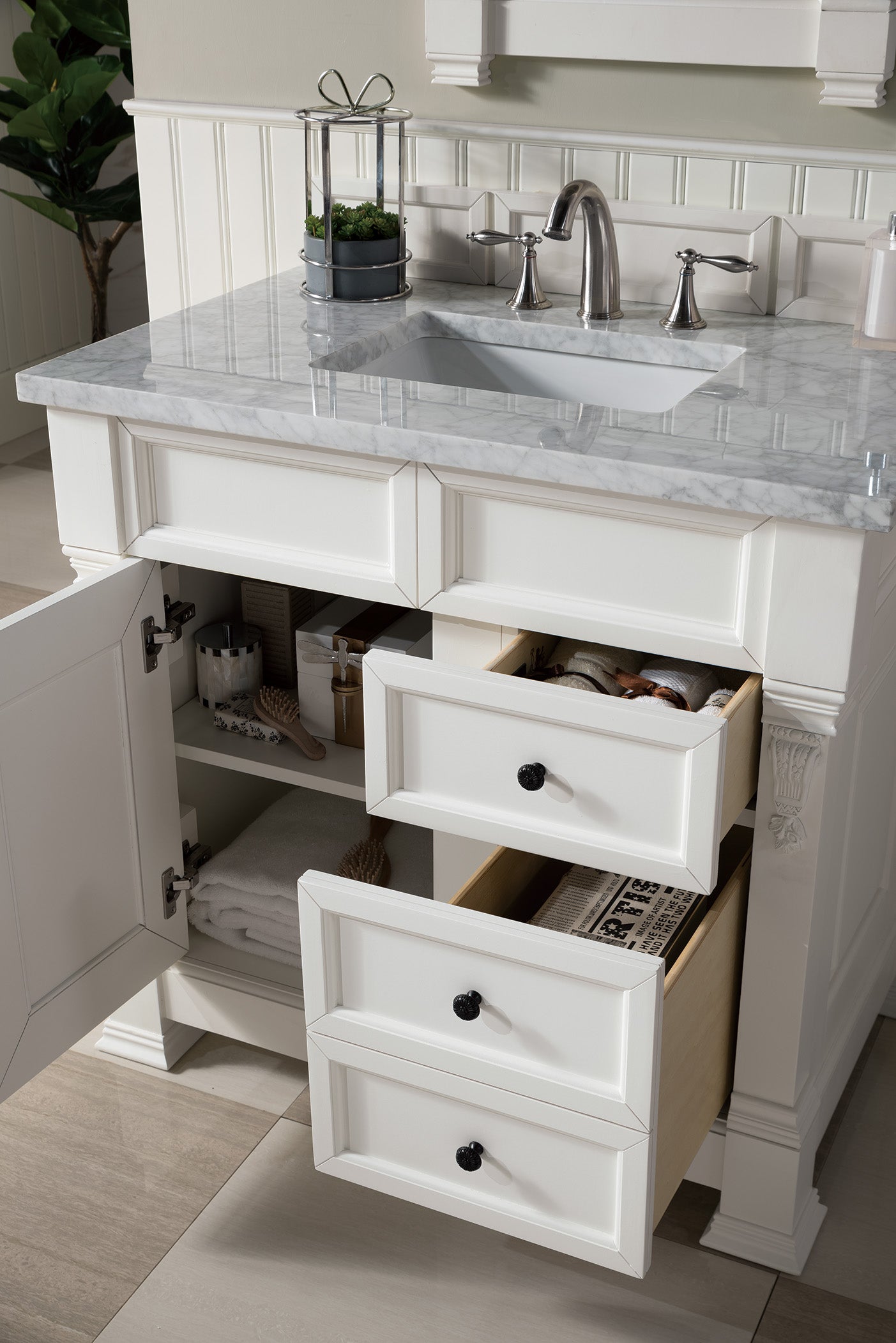 Brookfield 36" Single Vanity, Bright White w/ 3 CM Carrara Marble Top