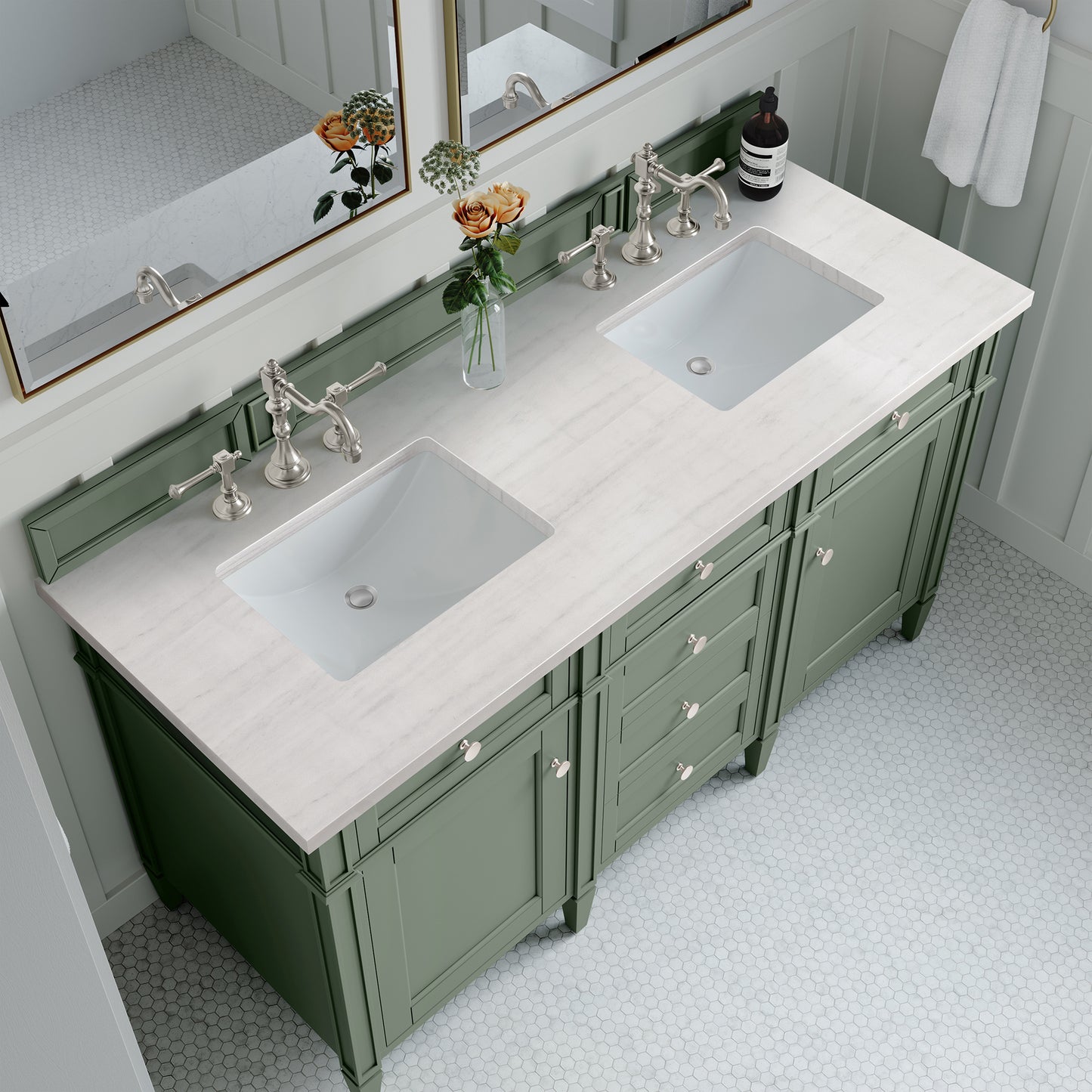 Brittany 60" Double Vanity, Smokey Celadon w/ 3 CM Arctic Fall Top