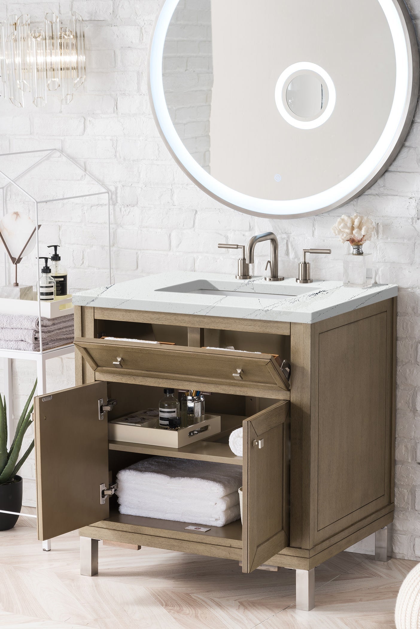 Chicago 30" Single Vanity, Whitewashed Walnut w/ 3 CM Ethereal Noctis Quartz Top