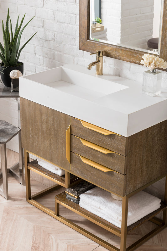 Columbia 36" Single Vanity, Latte Oak, Radiant Gold w/ Glossy White Composite Stone Top