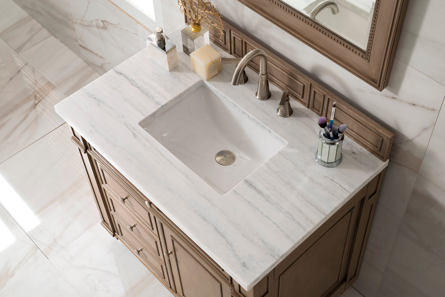 Bristol 36" Single Vanity, Whitewashed Walnut w/ 3 CM Arctic Fall Solid Surface Top