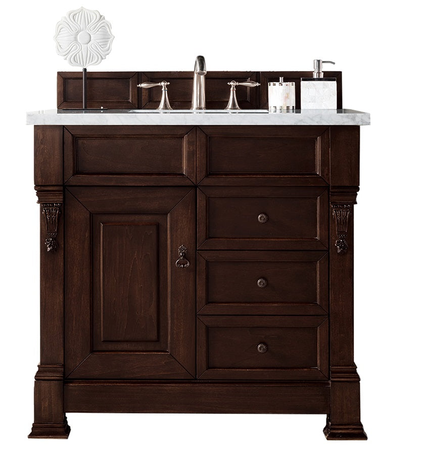 Brookfield 36" Single Vanity, Burnished Mahogany w/ 3 CM Arctic Fall Solid Surface Top