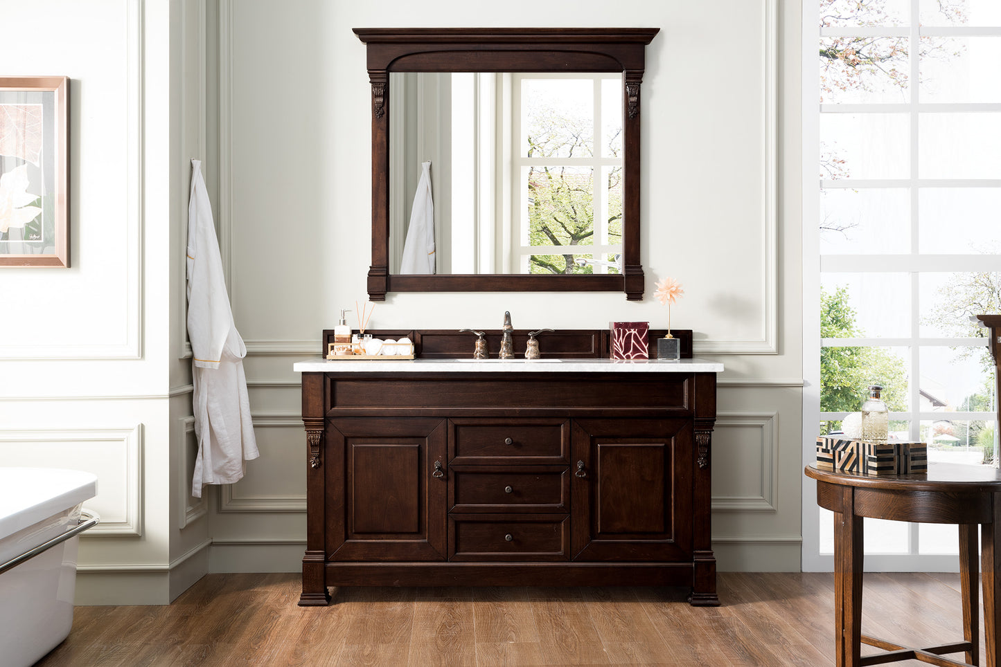 Brookfield 60" Single Vanity, Burnished Mahogany w/ 3 CM Carrara Marble Top