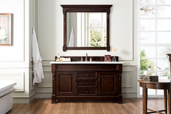 Brookfield 60 Single Vanity, Burnished Mahogany w/ 3 CM Carrara Marble Top