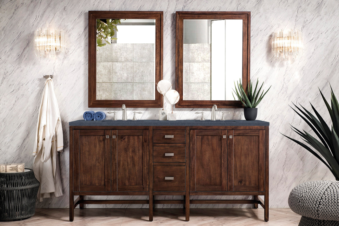 Addison 72" Double Vanity, Mid-Century Acacia w/ 3 CM Charcoal Soapstone Quartz Top