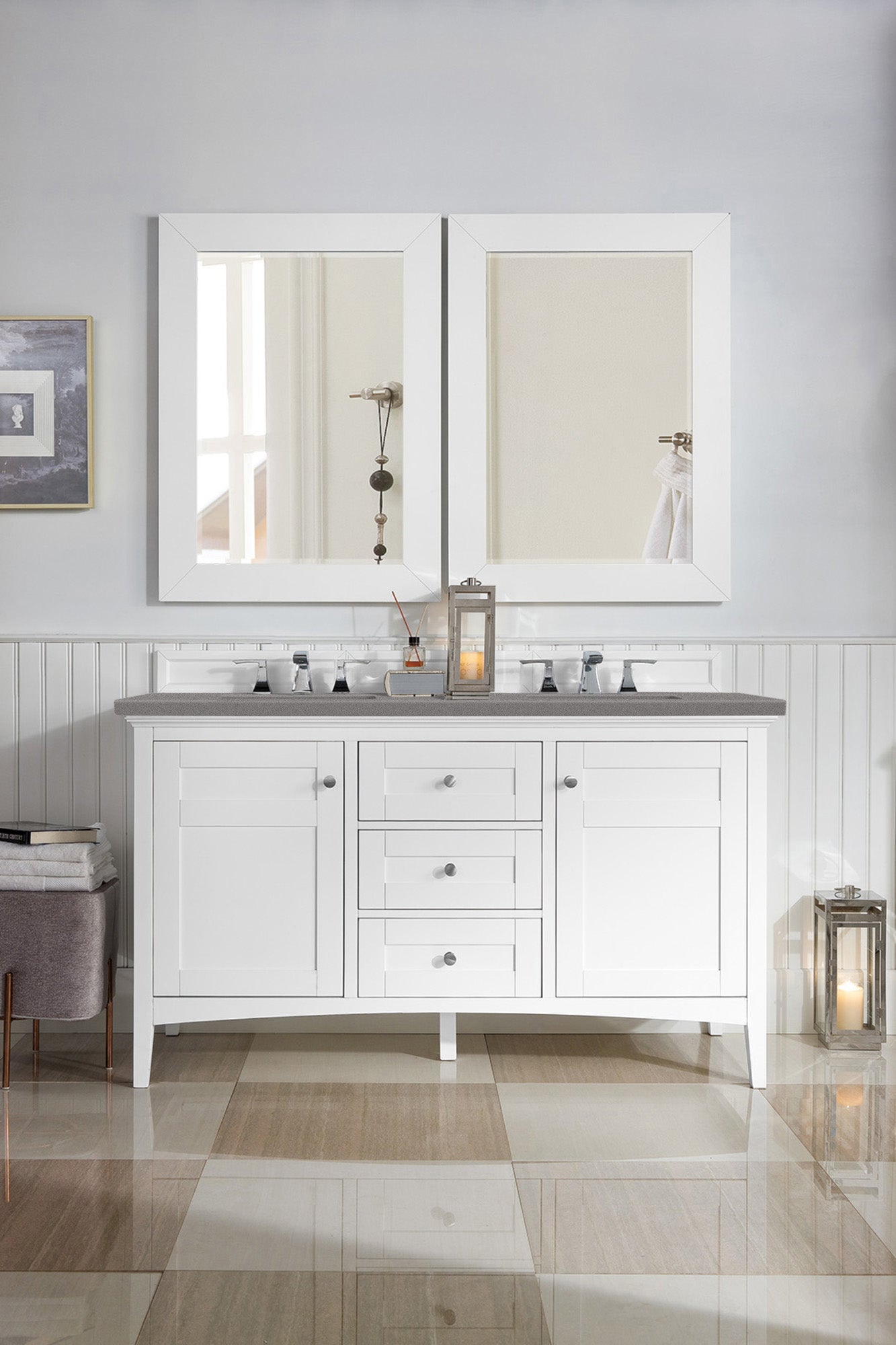 Palisades 60" Double Vanity, Bright White w/ 3 CM Grey Expo Quartz Top