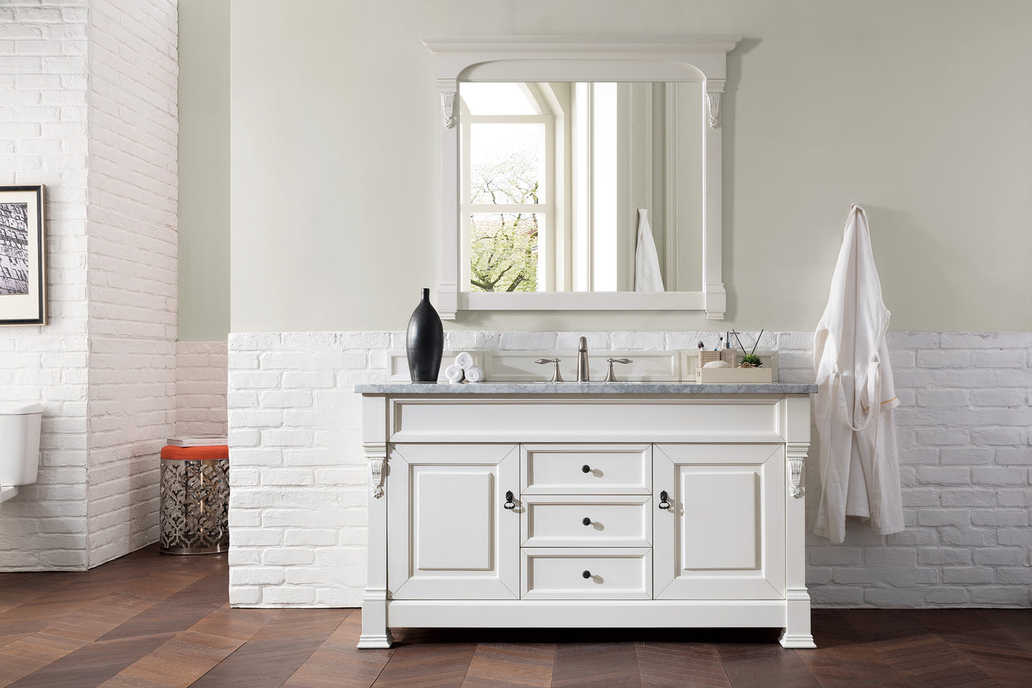 Brookfield 60" Single Vanity, Bright White w/ 3 CM Carrara Marble Top