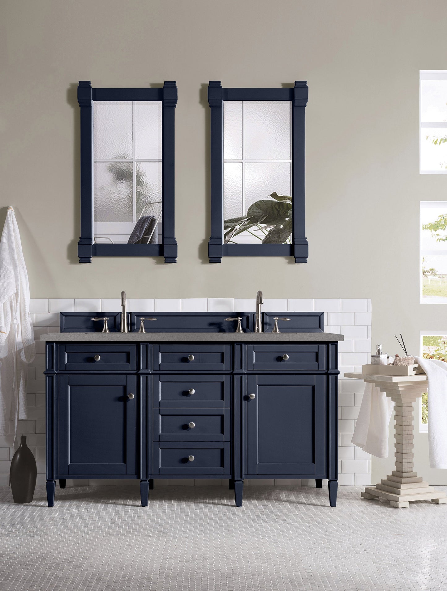 Brittany 60" Double Vanity, Victory Blue w/ 3 CM Grey Expo Quartz Top