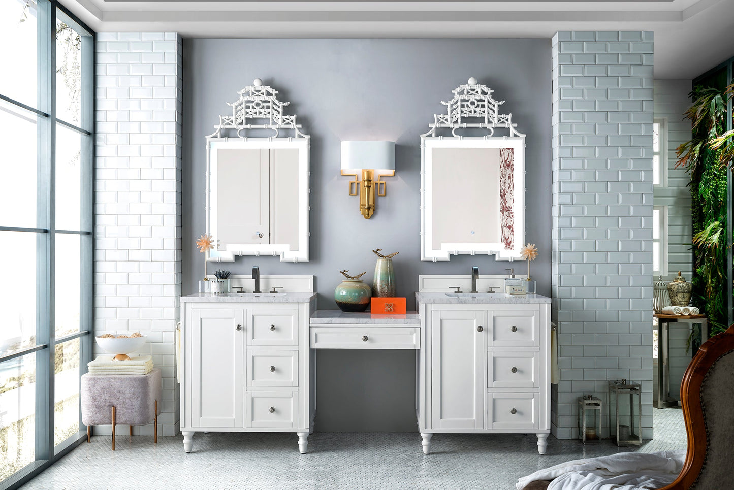 Copper Cove Encore 86" Double Vanity Set, Bright White w/ 3 CM Carrara Marble Top