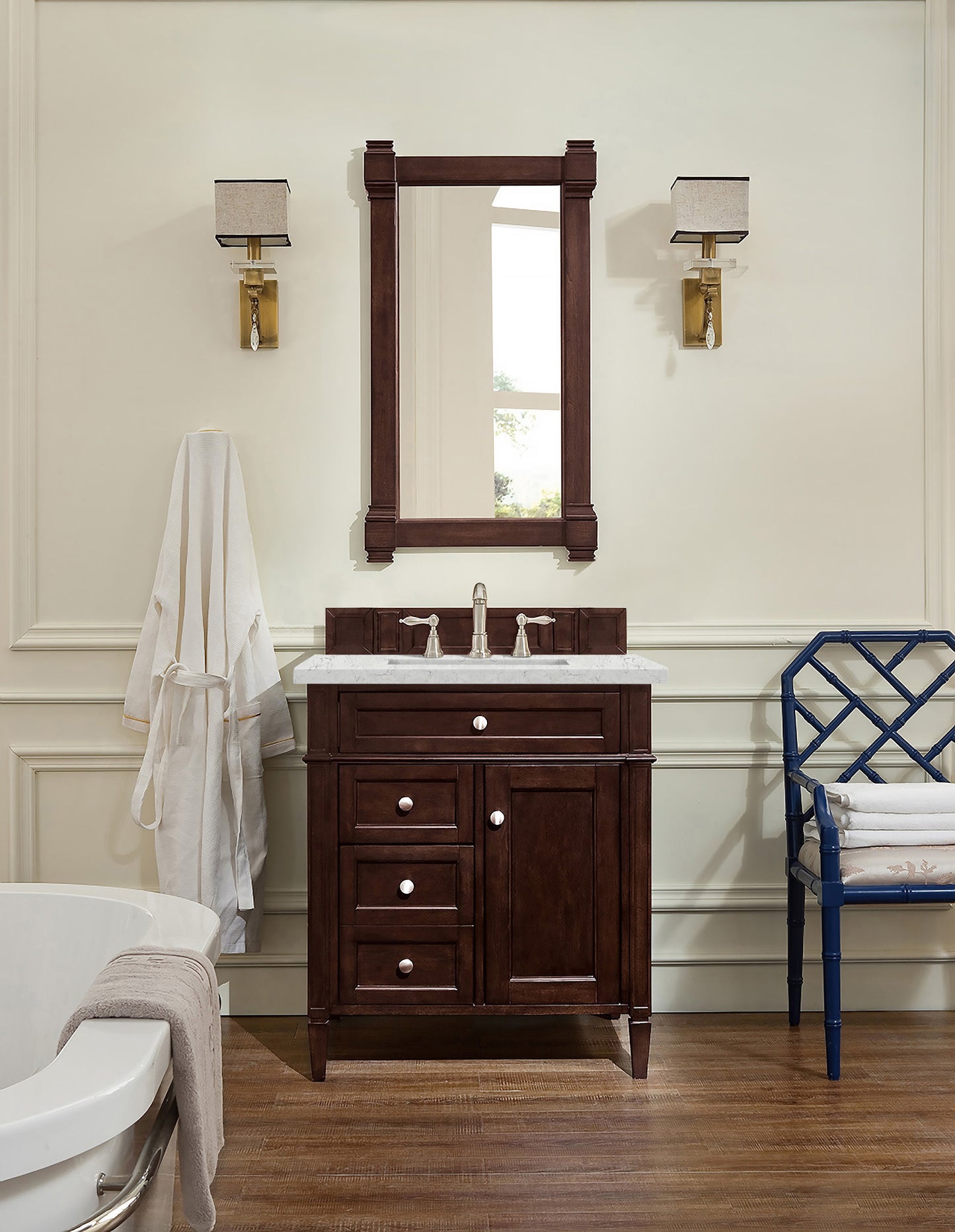 Brittany 30" Single Vanity, Burnished Mahogany, w/ 3 CM Eternal Jasmine Pearl Quartz Top