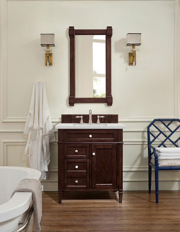 Brittany 30 Single Vanity, Burnished Mahogany, w/ 3 CM Eternal Jasmine Pearl Quartz Top