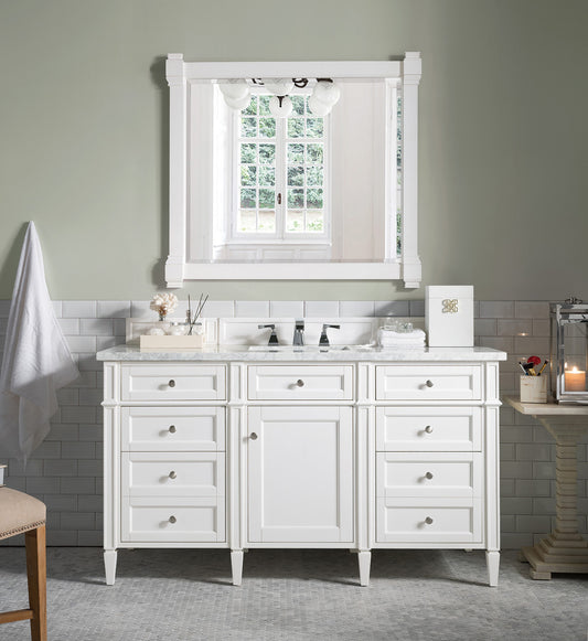 Brittany 60" Single Vanity, Bright White w/ 3 CM Carrara Marble Top