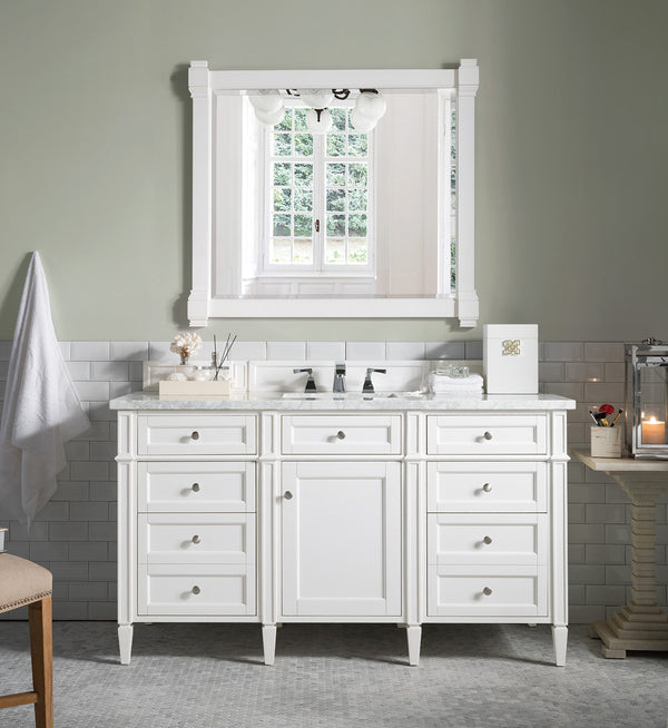 Brittany 60 Single Vanity, Bright White w/ 3 CM Carrara Marble Top