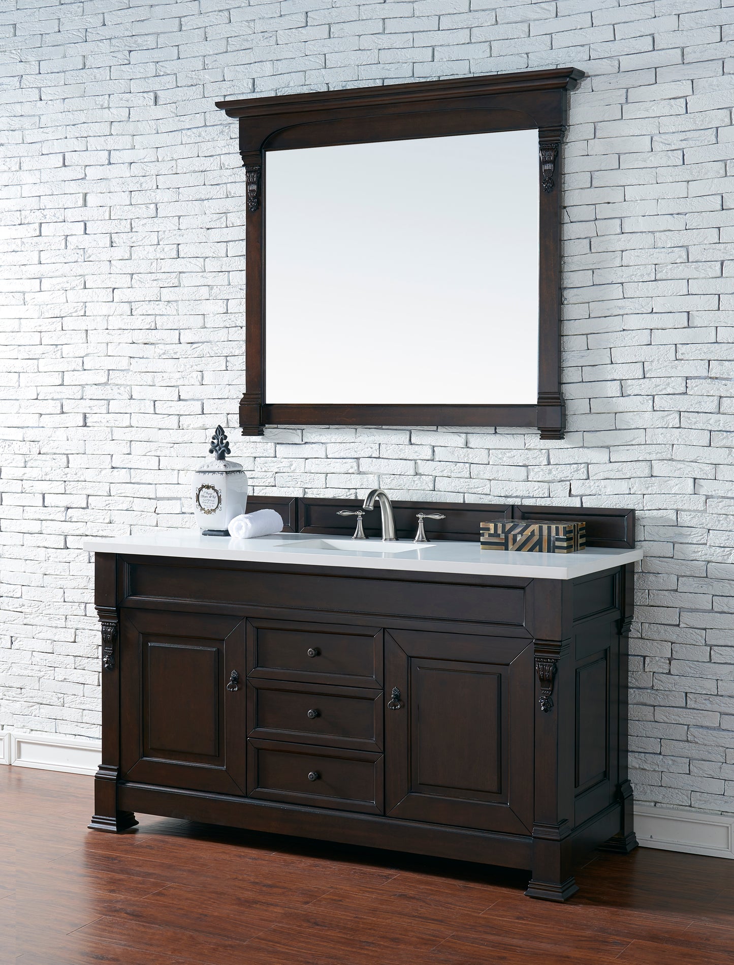 Brookfield 60" Single Vanity, Burnished Mahogany w/ 3 CM White Zeus Quartz Top