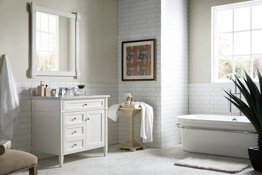 Brittany 36" Single Vanity, Bright White w/ 3 CM Carrara Marble Top