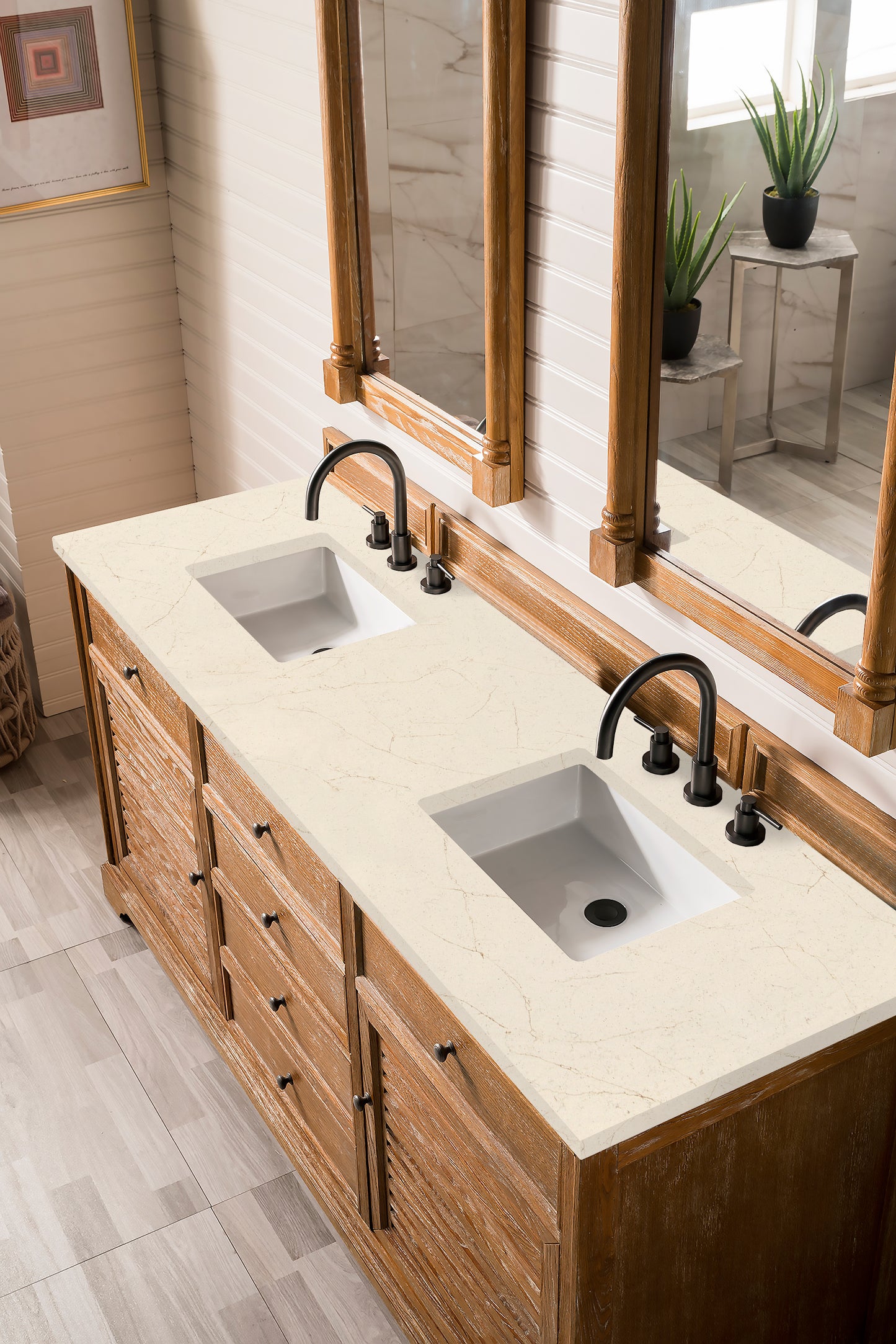 Savannah 72" Double Vanity, Driftwood w/ 3 CM Eternal Marfil Quartz Top