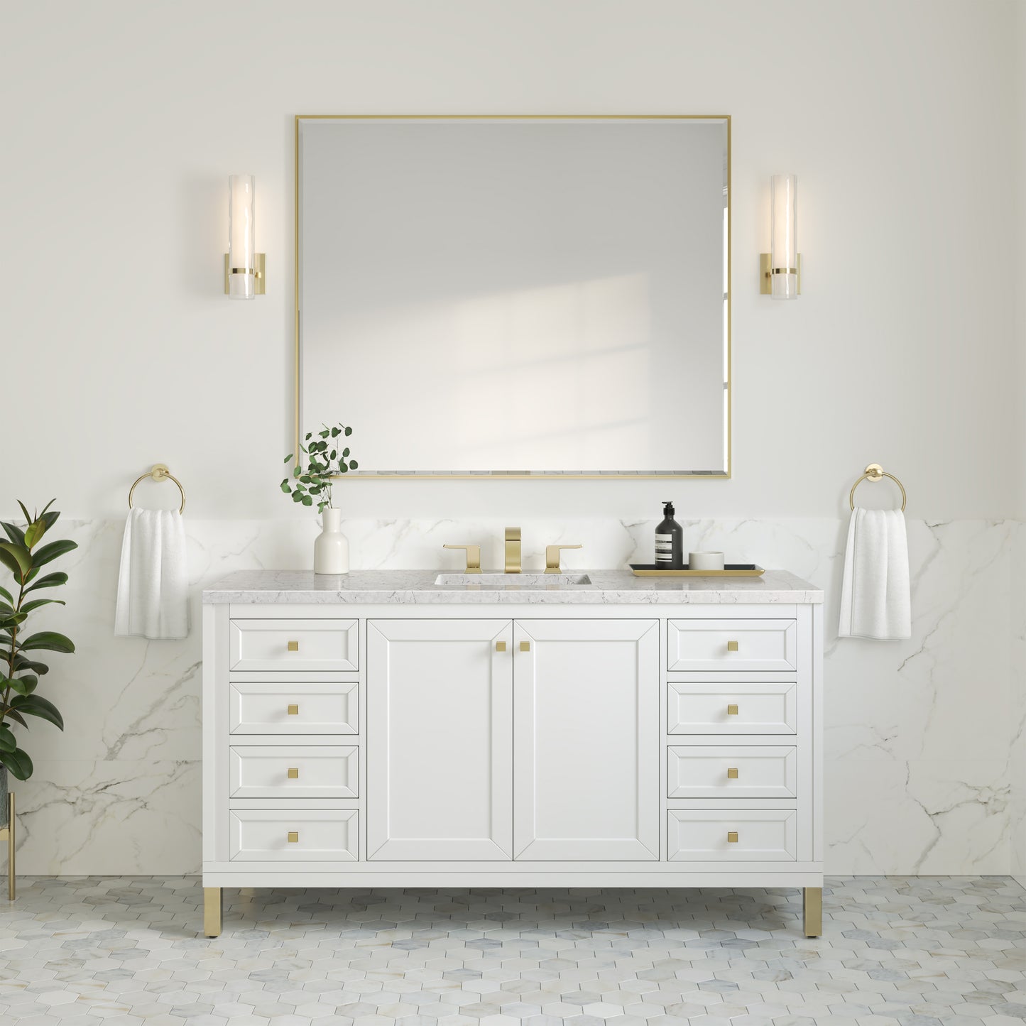 Chicago 60" Single Vanity, Glossy White w/ 3 CM Eternal Jasmine Pearl Top