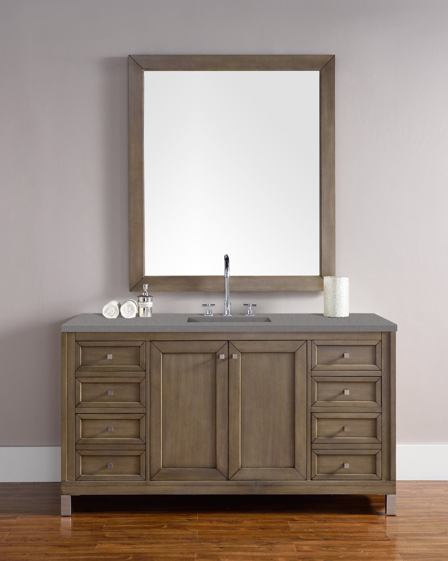 Chicago 60" Single Vanity, Whitewashed Walnut w/ 3 CM Grey Expo Quartz Top