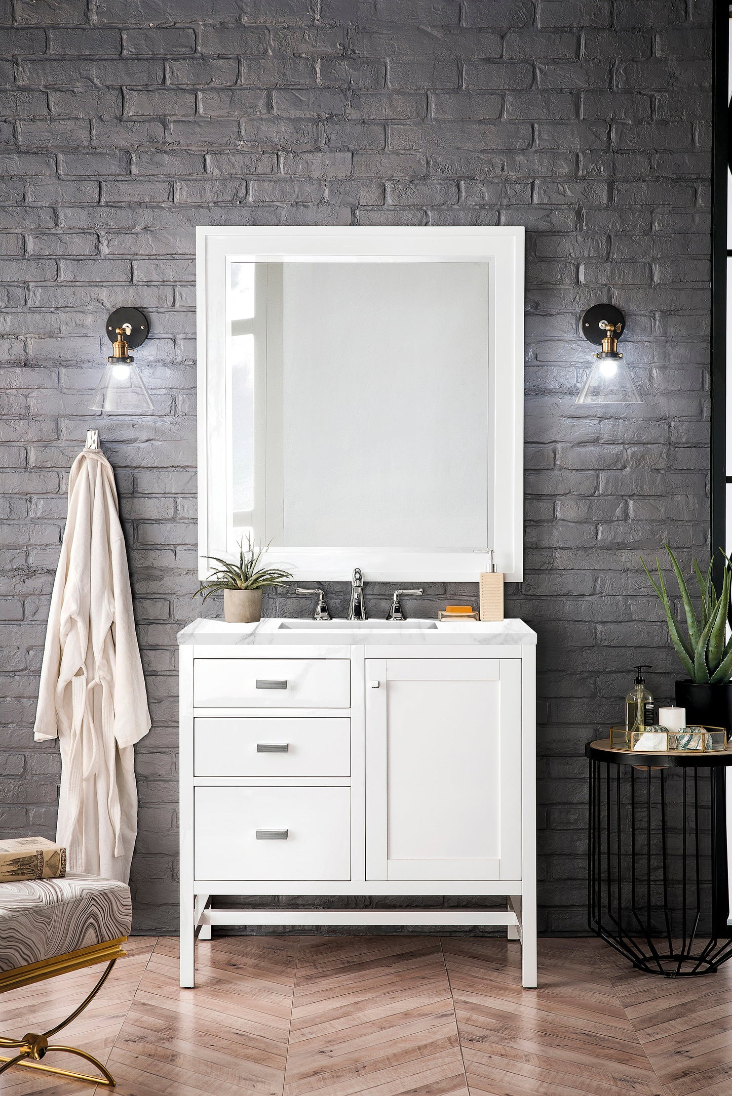 Addison 36" Single Vanity, Glossy White w/ 3 CM Carrara White Top