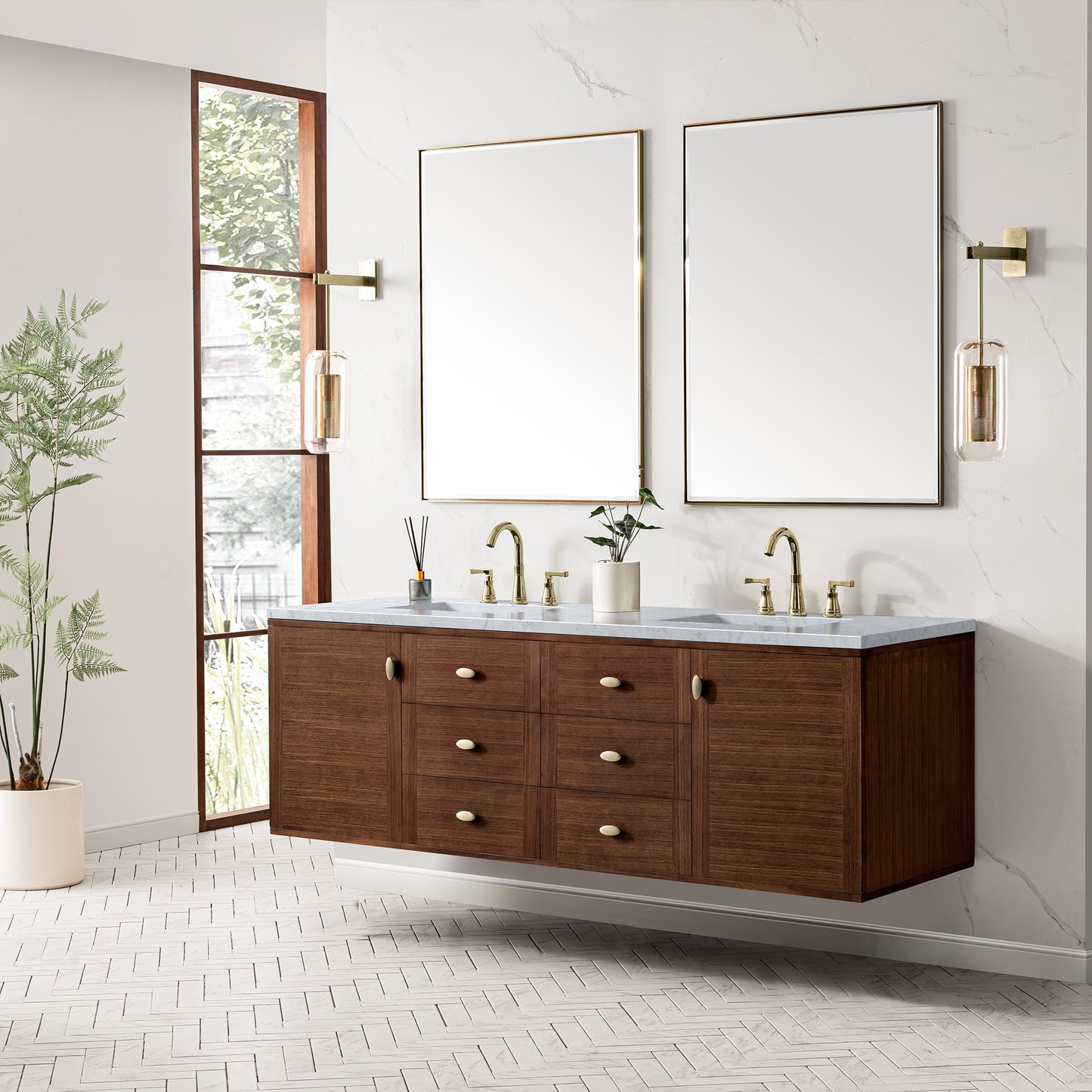 Amberly 72" Double Vanity, Mid-Century Walnut w/ 3 CM Carrara Marble Top