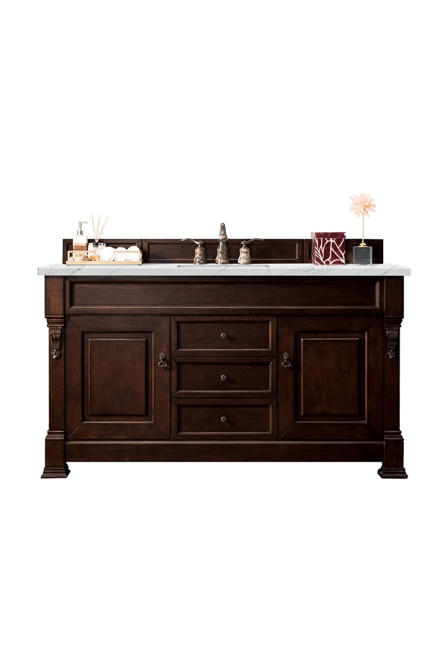 Brookfield 60" Single Vanity, Burnished Mahogany w/ 3 CM Ethereal Noctis Quartz Top