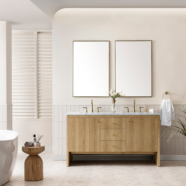 Hudson 60 Double Vanity, Light Natural Oak w/ 3 CM Arctic Fall Top