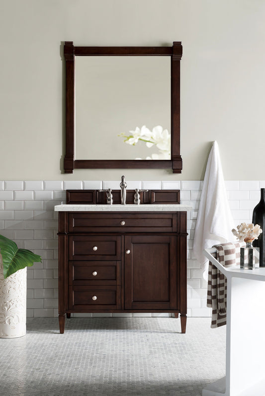 Brittany 36" Single Vanity, Burnished Mahogany w/ 3 CM Eternal Jasmine Pearl Quartz Top