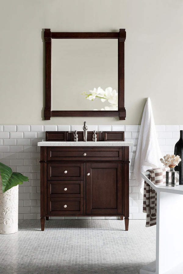 Brittany 36 Single Vanity, Burnished Mahogany w/ 3 CM Eternal Jasmine Pearl Quartz Top