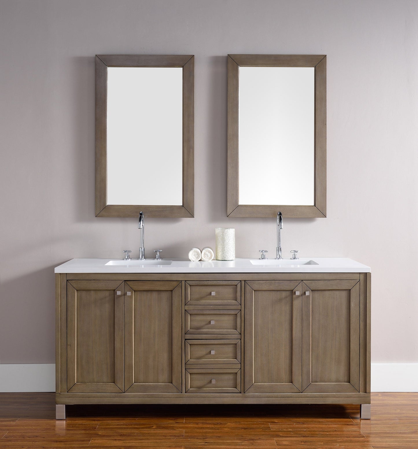 Chicago 72" Double Vanity, Whitewashed Walnut w/ 3 CM White Zeus Quartz Top