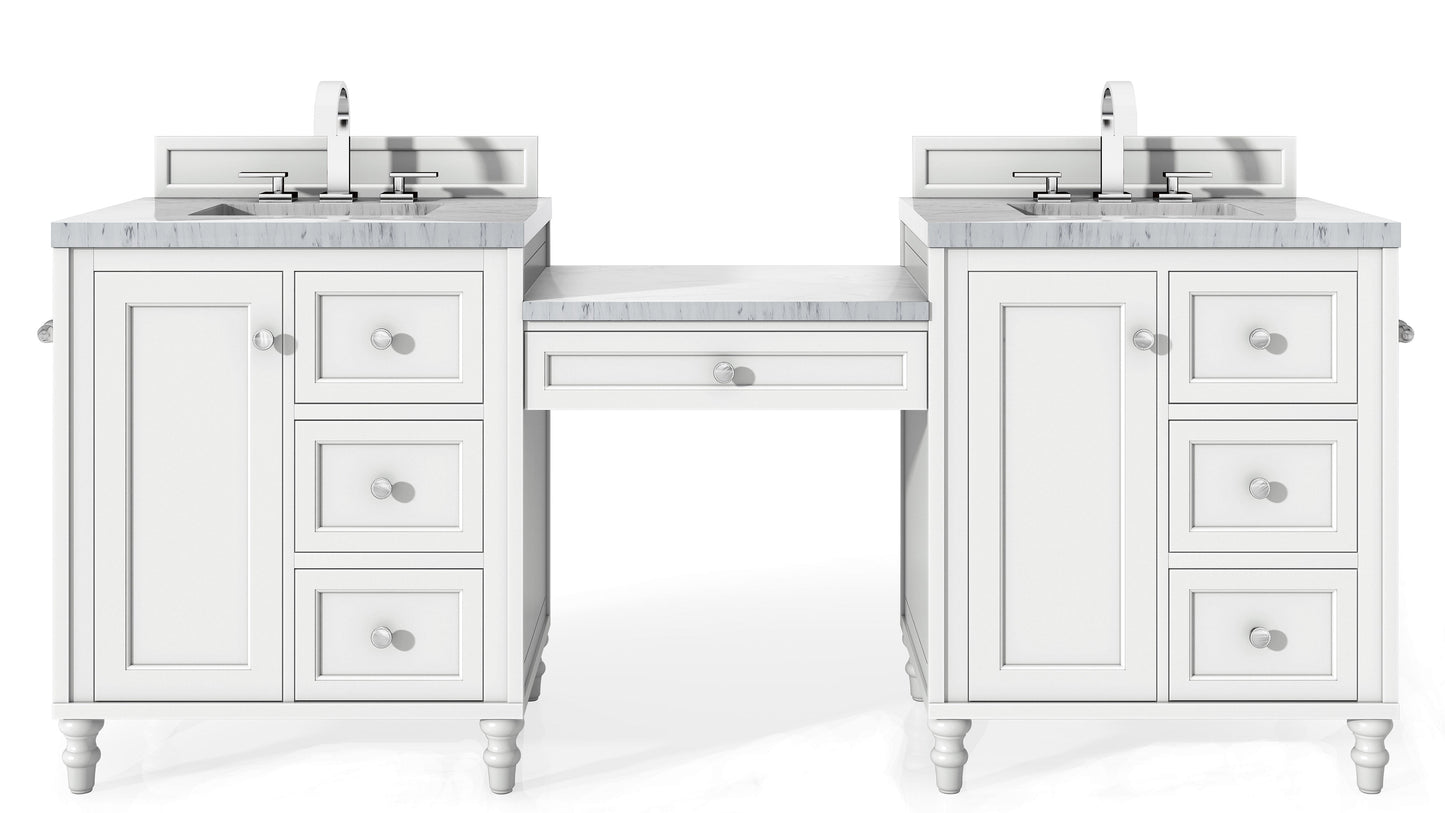 Copper Cove Encore 86" Double Vanity Set, Bright White w/ 3 CM Carrara Marble Top