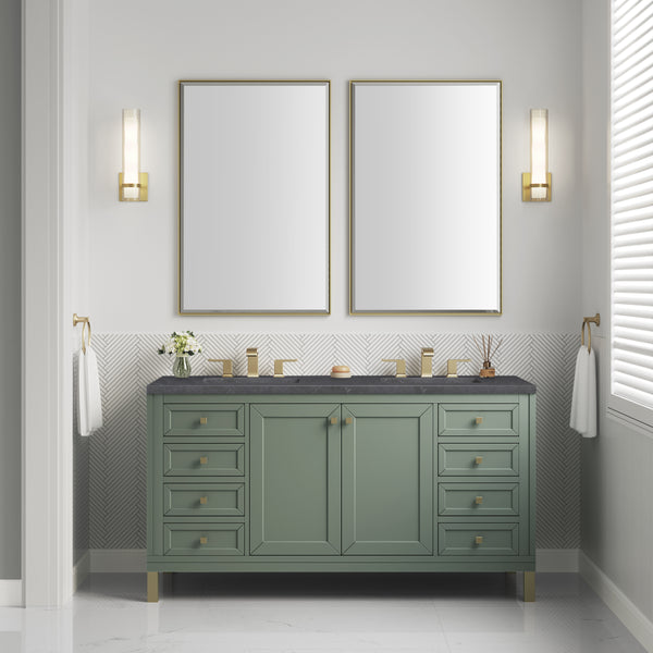 Chicago 60 Double Vanity, Smokey Celadon w/ 3 CM Charcoal Soapstone Top