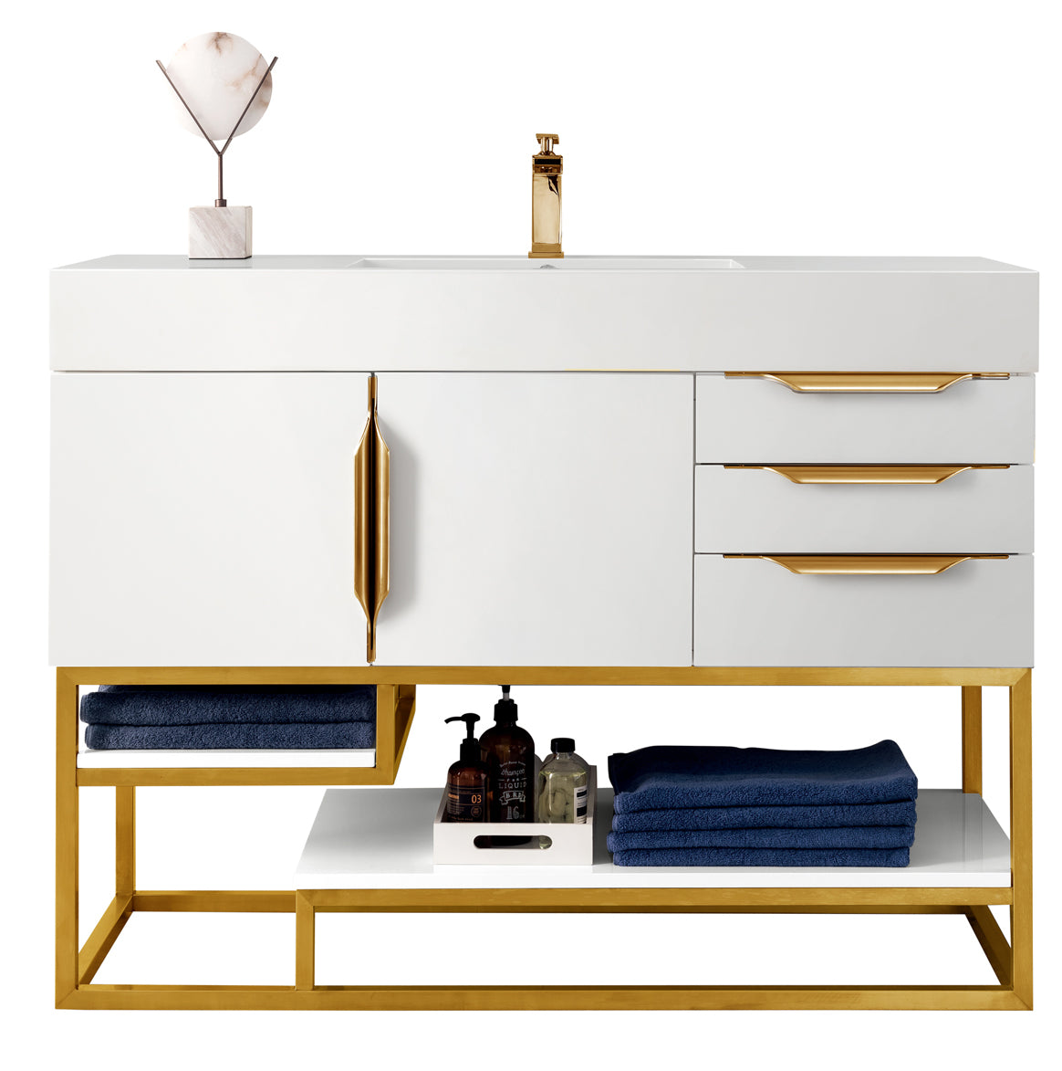 Columbia 48" Single Vanity, Glossy White, Radiant Gold w/ Glossy White Composite Stone Top