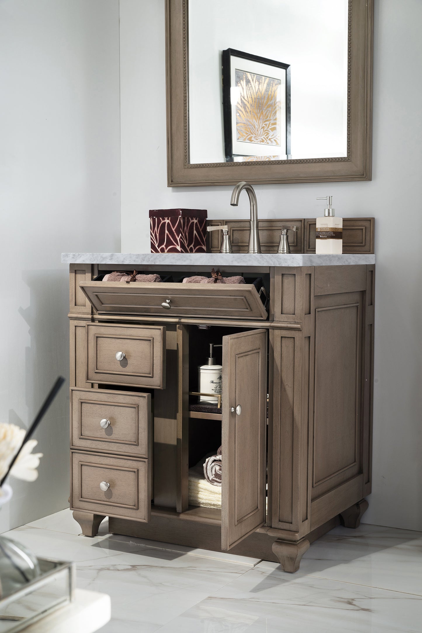 Bristol 30" Single Vanity, Whitewashed Walnut w/ 3 CM Carrara Marble Top